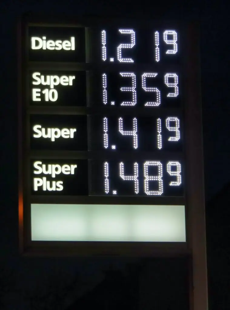 Petrol prices in Germany on a price board