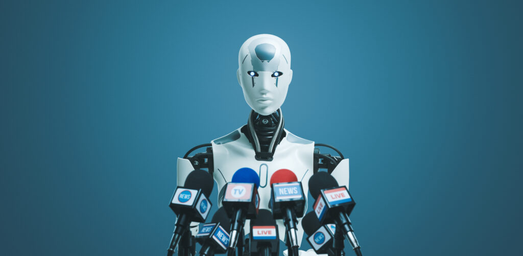 Android AI robot speaking at the press conference
