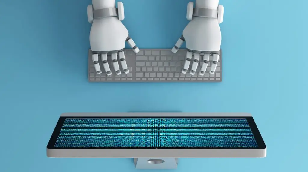 Top view of Robot hands using keyboard in front of a computer monitor with binary number code screen